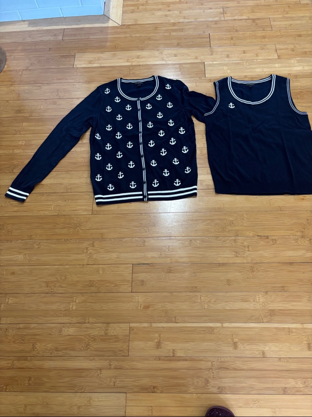 Talbots Navy and White Anchor-Accent Cardigan Set